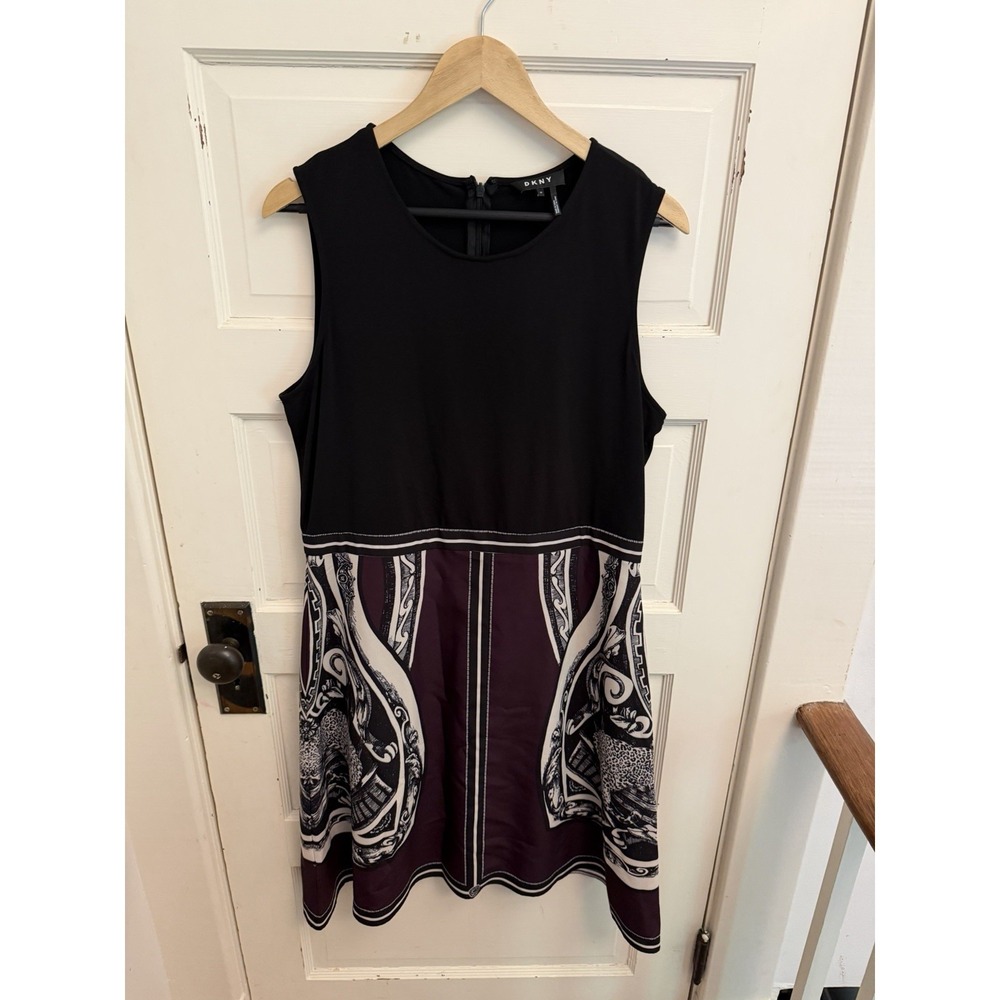 DKNY Women's Black Purple Leopard Sleeveless A-Line Dress Size 12